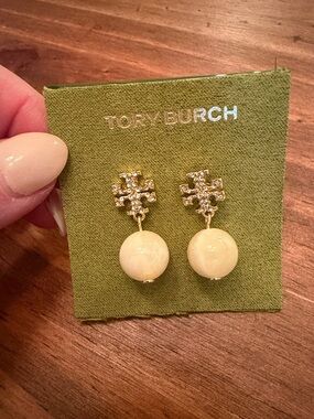 Tory Burch Gold Logo Drop Earrings with Cream Beads